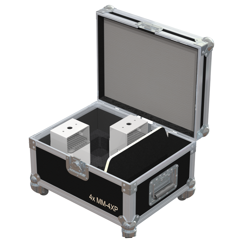 Four Meyer Sound MM-4XP miniature self-powered speakers safely secured inside the custom flight case