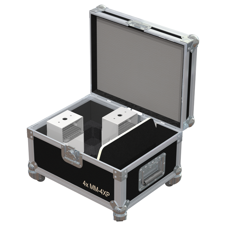 Four Meyer Sound MM-4XP miniature self-powered speakers safely secured inside the custom flight case