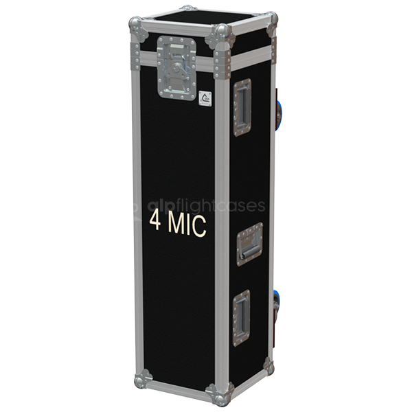 Front view of custom flight case for 4 microphone stands with professional protective construction