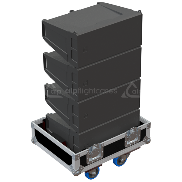 Four RCF HDL 6-A active modules safely secured inside the custom quad flight case for professional rental and touring