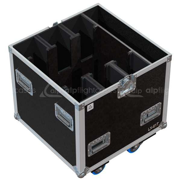 Empty interior of the Fohhn LX-601 case showing individual slots and dedicated compartment for clamps and rigging