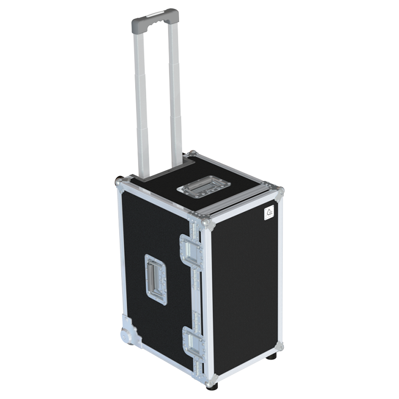 Rear view of the road case for Audiophony CR12A showing heavy-duty hardware and 10mm birch plywood construction