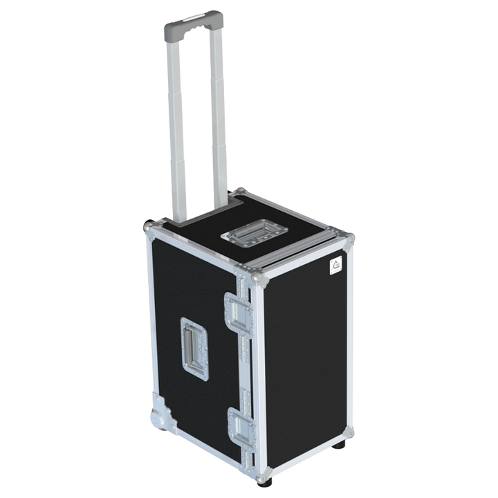 Rear view of the road case for Audiophony CR12A showing heavy-duty hardware and 10mm birch plywood construction