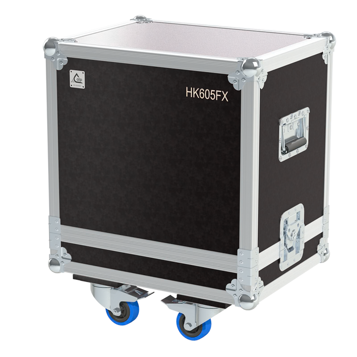 Front view of the professional touring flight case for HK Audio Lucas 605 FX speaker system by ALP Flight Cases