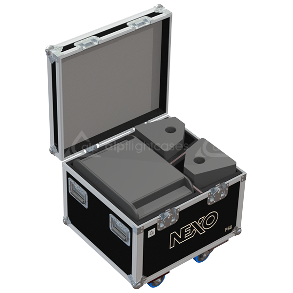 Nexo LS400 sub and two PS8 speakers safely secured inside the custom combo flight case for professional touring