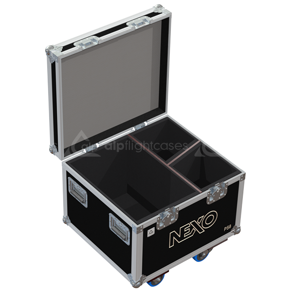 Empty interior of the Nexo combo case showing dedicated compartments for subwoofer and satellites with CNC foam