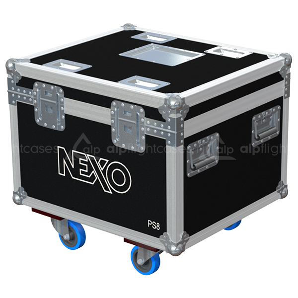 Rear view of the Nexo LS400 and PS8 combo case showing heavy-duty hardware and 10mm birch plywood