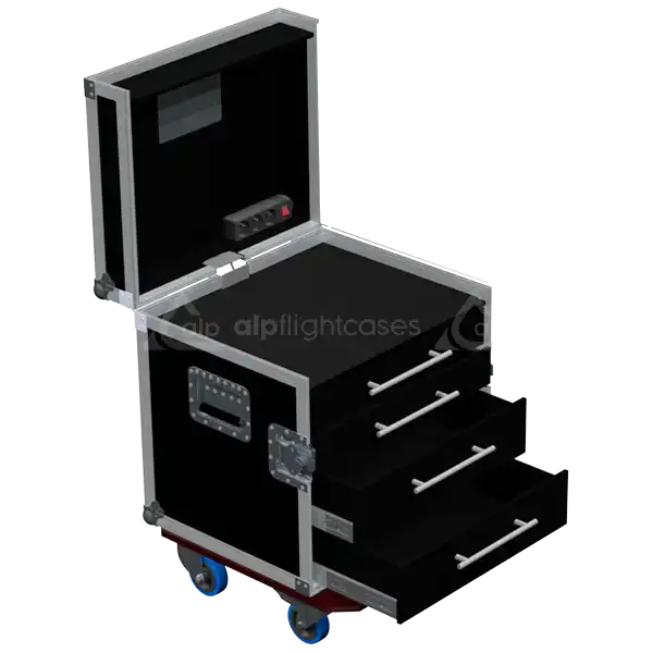 PRO series tool case open showing 4 heavy-duty drawers and 10u rack space for professional gear