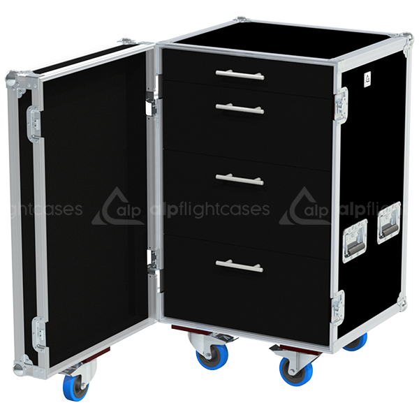 PRO series tool case open showing 4 heavy-duty drawers and 12U rack space for professional gear
