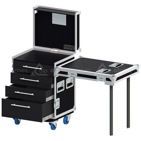 PRO series tool case open showing 4 heavy-duty drawers and 14U rack space for professional gear