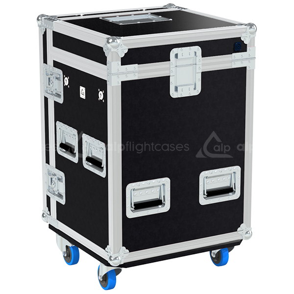 Rear view of the 14U 4-drawer PRO case showing 10mm birch plywood and reinforced touring hardware