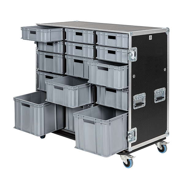 Professional Tool Case open showing 15 Euro Containers organized for industrial parts storage