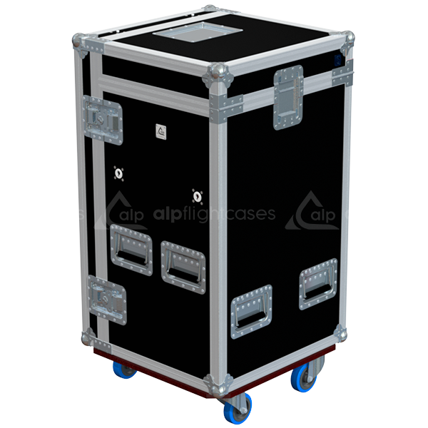 Rear view of the 18U 5-drawer PRO case showing 10mm birch plywood and reinforced touring hardware