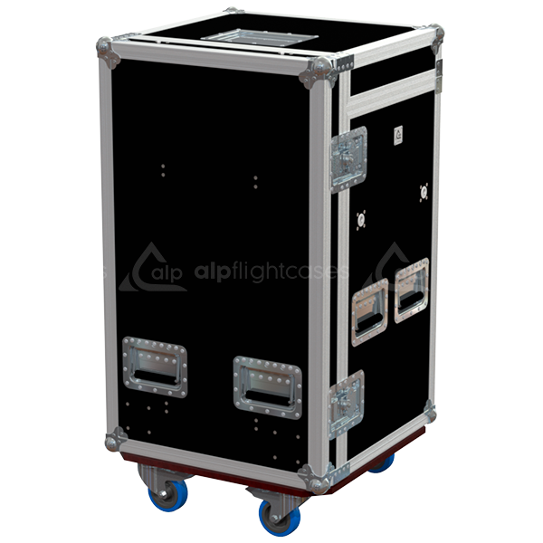 Rear view of the 18U 5-drawer PRO case showing 10mm birch plywood and reinforced touring hardware