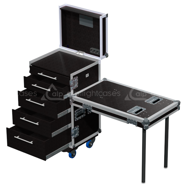 STD series tool case open showing 5 heavy-duty drawers and 18U rack space for professional gear