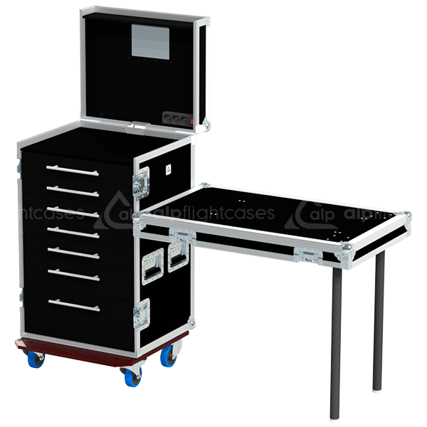 PRO series tool case open showing 7 heavy-duty drawers and 18U rack space for professional gear