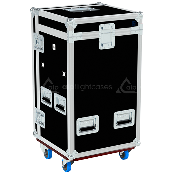 Rear view of the 18U 7-drawer PRO case showing 10mm birch plywood and reinforced touring hardware