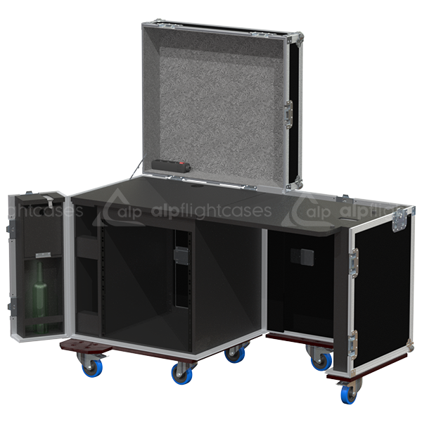 Tool case office open showing 12U rack space and front lid converted into a side table