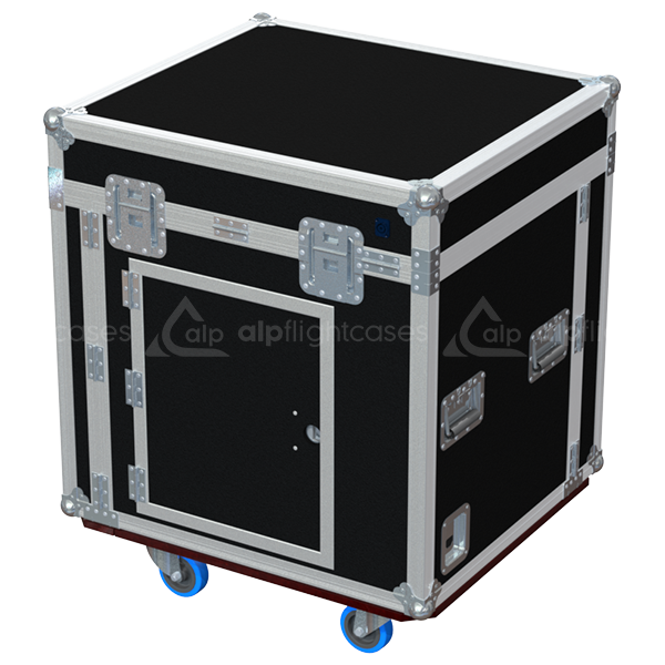 Rear view of the 12U office rack flight case showing 10mm birch plywood and touring hardware