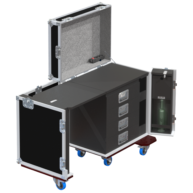 Open tool case office showing 4 drawers for tools and accessories with the front lid converted into a side table