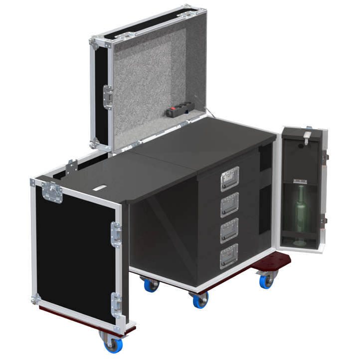 Open tool case office showing 4 drawers for tools and accessories with the front lid converted into a side table