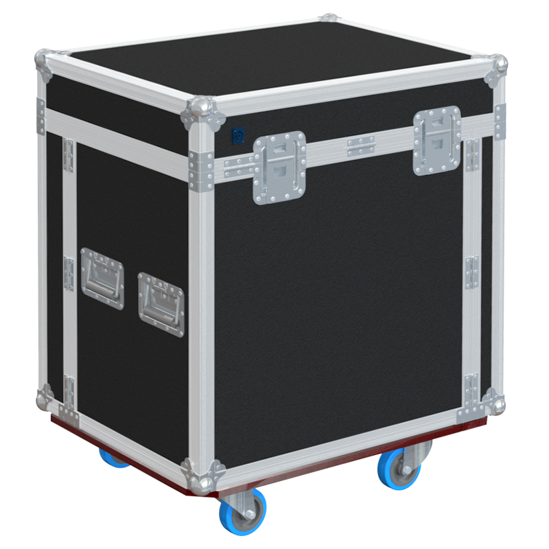 Rear view of the 4-drawer office flight case showing 10mm birch plywood and heavy-duty touring hardware