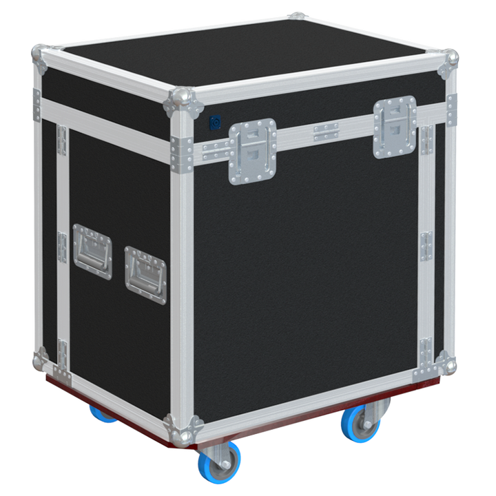 Rear view of the 4-drawer office flight case showing 10mm birch plywood and heavy-duty touring hardware