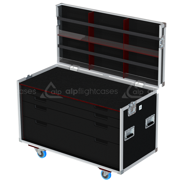 Tool XL flight case open showing the massive internal storage capacity and modular dividers