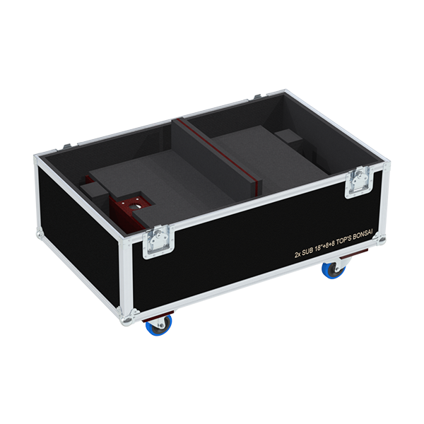 Complete W&DB Audio system including 18 inch subs and Bonsai line array tops secured inside the custom combo case