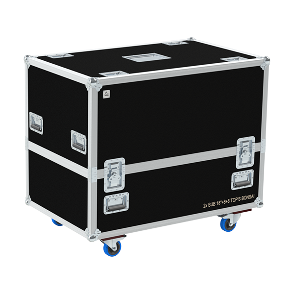 Front view of the professional combo touring flight case for W&DB Audio 2x 18" subwoofers and 16x Bonsai top modules by ALP Flight Cases