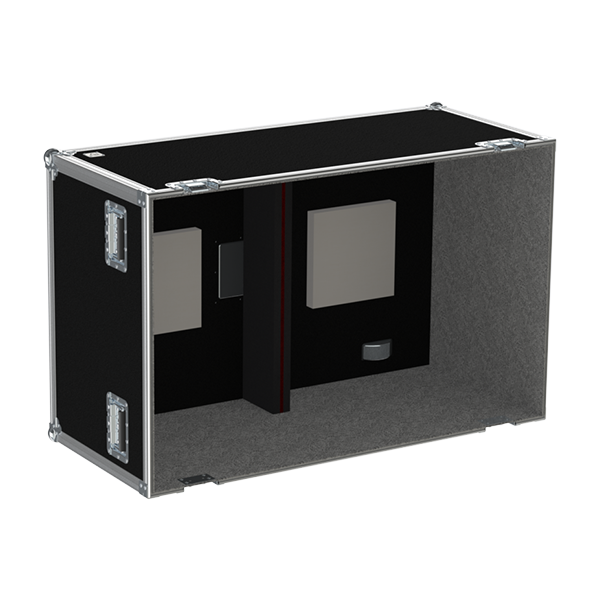 Empty interior of the W&DB combo case showing CNC-cut foam dividers for subwoofers and individual Bonsai top slots