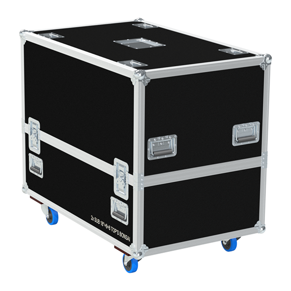 Rear view of the W&DB system road case showing heavy-duty hardware and 10mm birch plywood construction