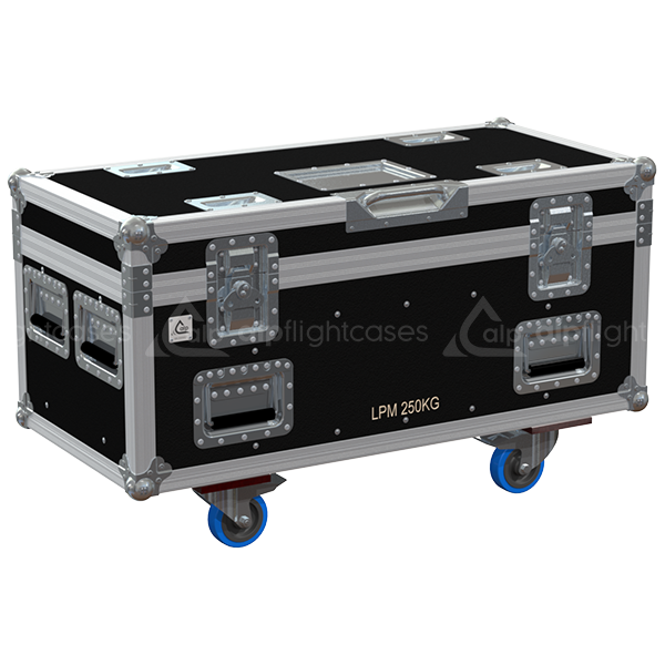 Front view of ALP professional flight case for 2x GIS LPM 250kg motors with wheels