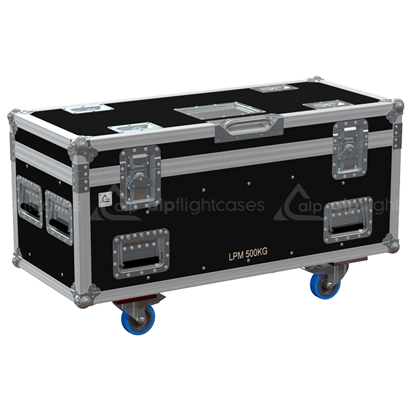 Front view of ALP professional flight case for 2x GIS LPM 500kg motors with wheels