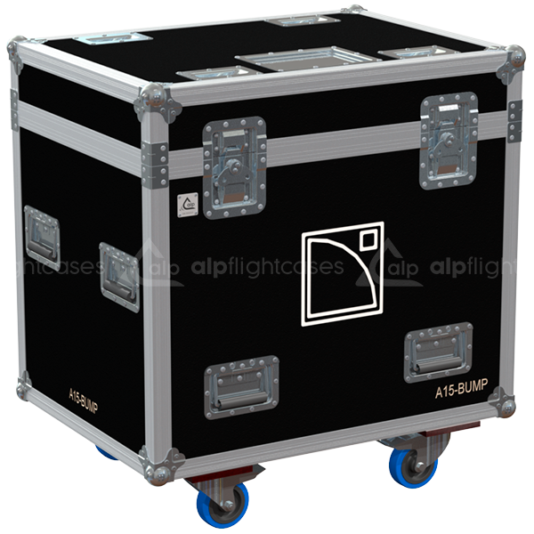 Exterior front view of the professional L-Acoustics A15 bumper flight case featuring 10mm Birch Plywood, durable PVC finish, and heavy-duty wheels by ALP Flight Cases