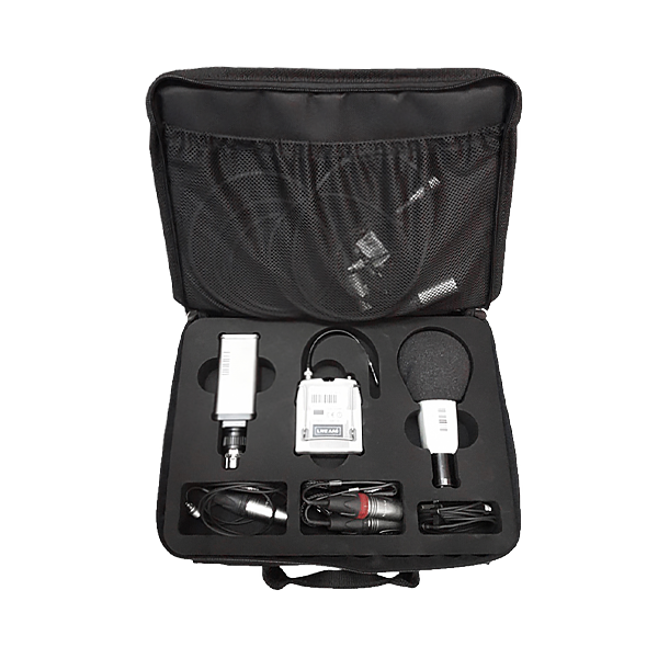 View of the open protective bag with the microphone set securely packed inside the custom machined foam