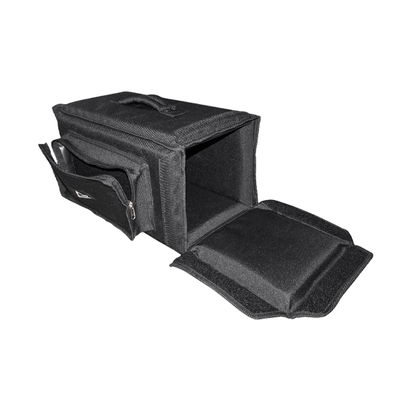 View of the open protective bag without the equipment, highlighting the interior double foam, rigid Platex structure, and 50mm Velcro closure