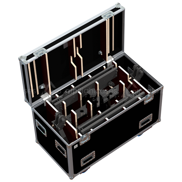 Interior view of the professional flight case, fully loaded and secured with custom padding for Nexo BTBUMP, XBOW, and BUMPER units.