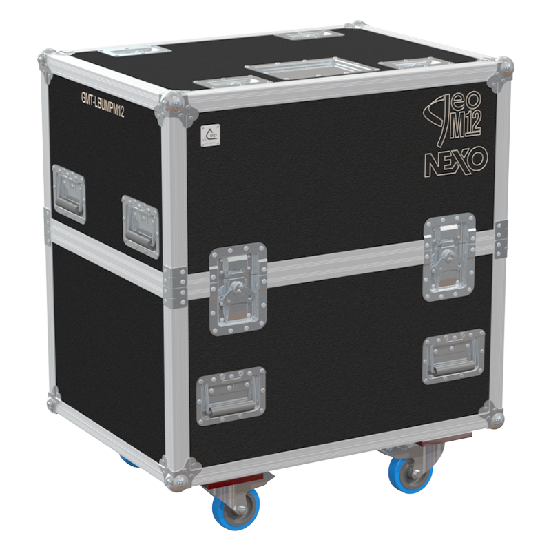 Exterior front view of the professional Nexo GMT-LBUMPM12 bumper flight case featuring 10mm Birch Plywood, durable PVC finish, and heavy-duty wheels by ALP Flight Cases