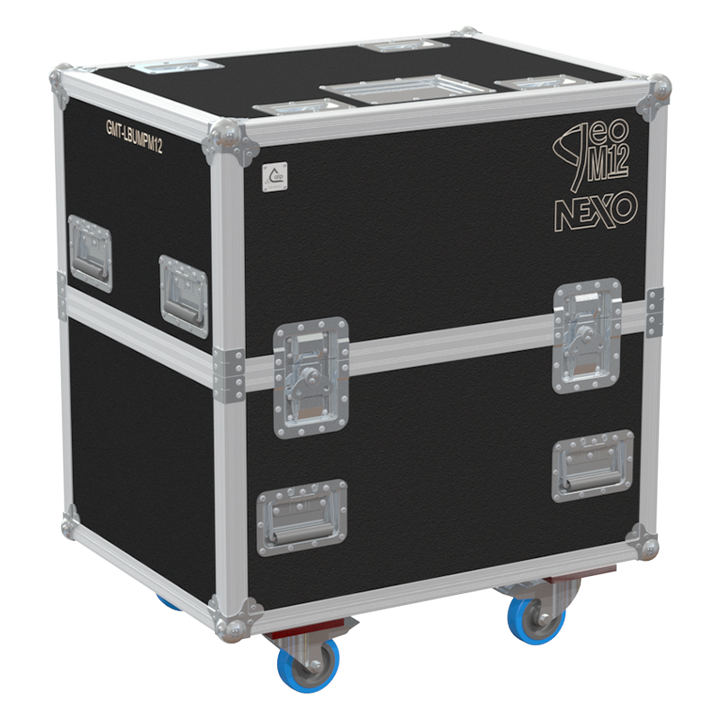 Exterior front view of the professional Nexo GMT-LBUMPM12 bumper flight case featuring 10mm Birch Plywood, durable PVC finish, and heavy-duty wheels by ALP Flight Cases