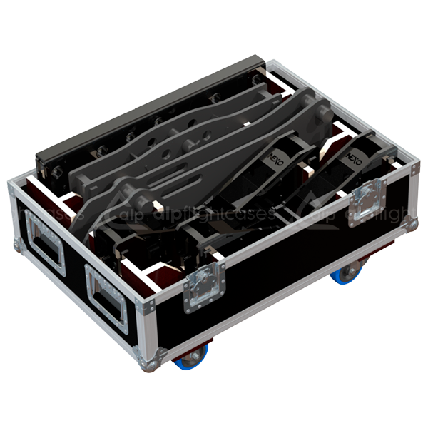 Close-up detail of the internal components, locking mechanisms, and specialized padding inside the flight case for Nexo gear.