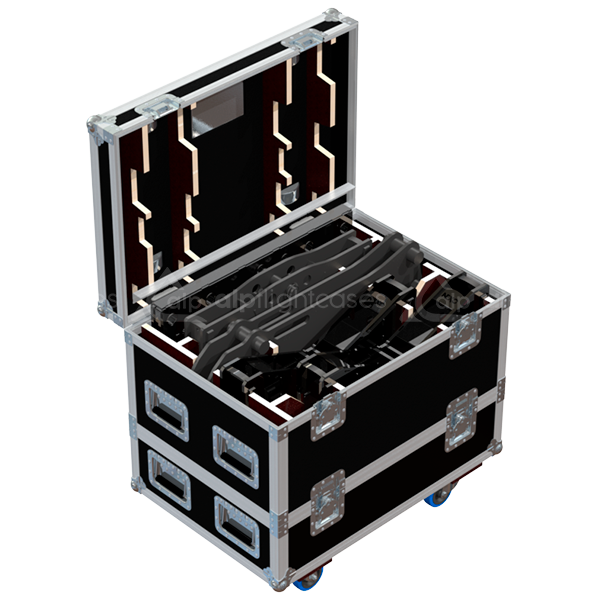 Interior view of the professional flight case, fully loaded and secured with custom padding for Nexo XCOUP2, MBEAM, BCOUP2, and KBEAM units.