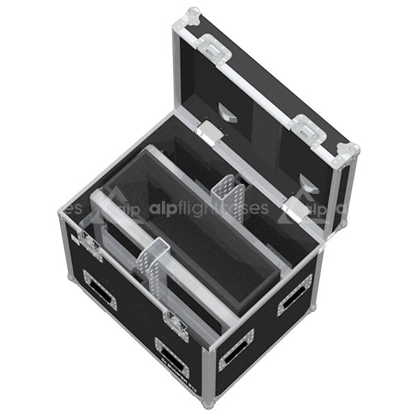 Interior view of the professional flight case, fully loaded and secured with custom padding for 2x Nexo S12 bumpers.