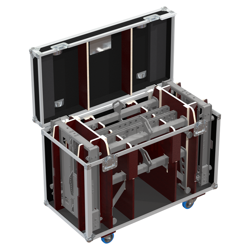 Open view of the rigging flight case interior, custom-padded for the secure transport of 2x Nexo VNT BUMPM10 bumpers