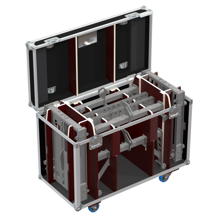 Open view of the rigging flight case interior, custom-padded for the secure transport of 2x Nexo VNT BUMPM10 bumpers