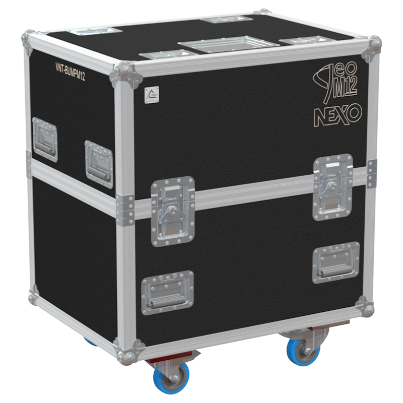 Exterior front view of the professional Nexo VNT-BUMPM12 bumper flight case featuring 10mm Birch Plywood, durable PVC finish, and heavy-duty wheels by ALP Flight Cases