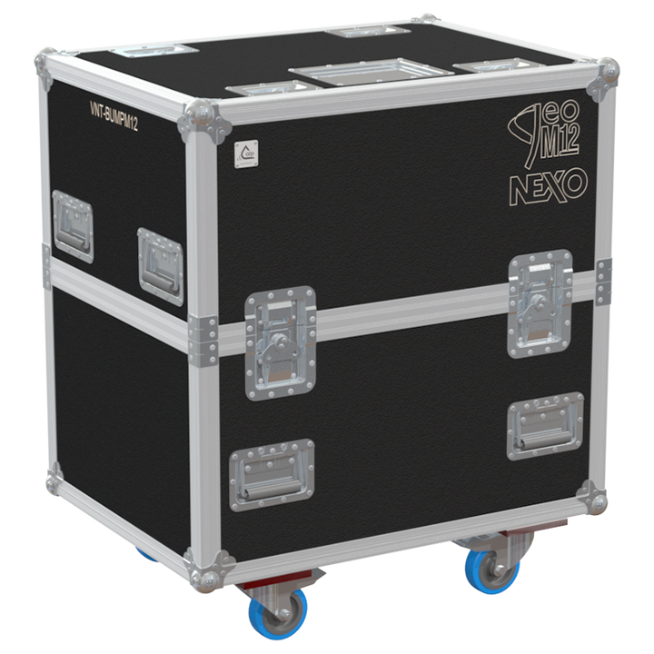 Exterior front view of the professional Nexo VNT-BUMPM12 bumper flight case featuring 10mm Birch Plywood, durable PVC finish, and heavy-duty wheels by ALP Flight Cases