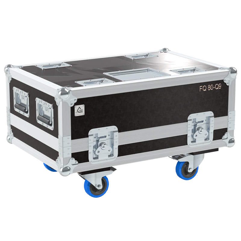 Exterior front view of the Barco FQ 80-Q9 projector flight case with PVC finish and heavy-duty 100mm wheels by ALP Flight Cases