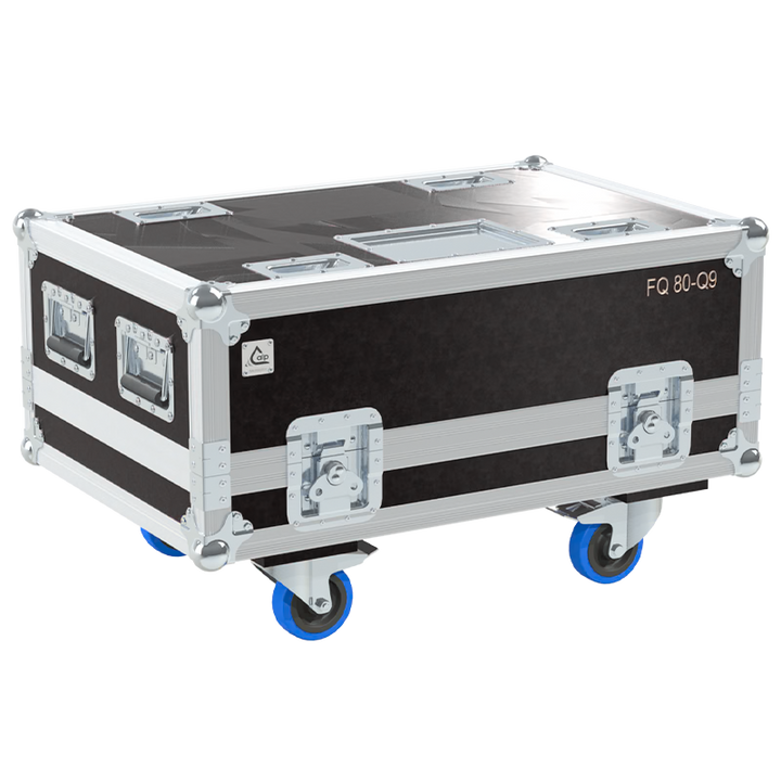 Exterior front view of the Barco FQ 80-Q9 projector flight case with PVC finish and heavy-duty 100mm wheels by ALP Flight Cases