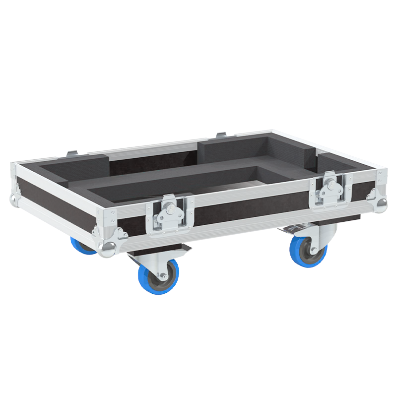 Open view of the projector flight case interior highlighting the custom shock-absorbing foam lining designed to securely hold the Barco FQ 80-Q9
